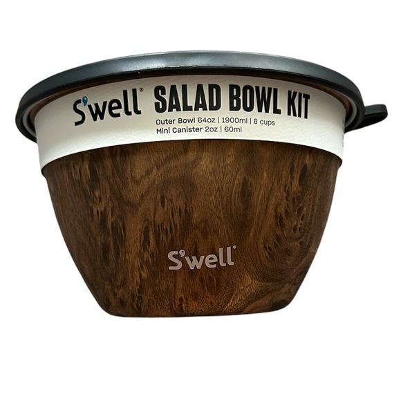 S'well Wooden Stainless Steel Salad Bowl with Black Lid (4 Piece Set) - Picture 1 of 11